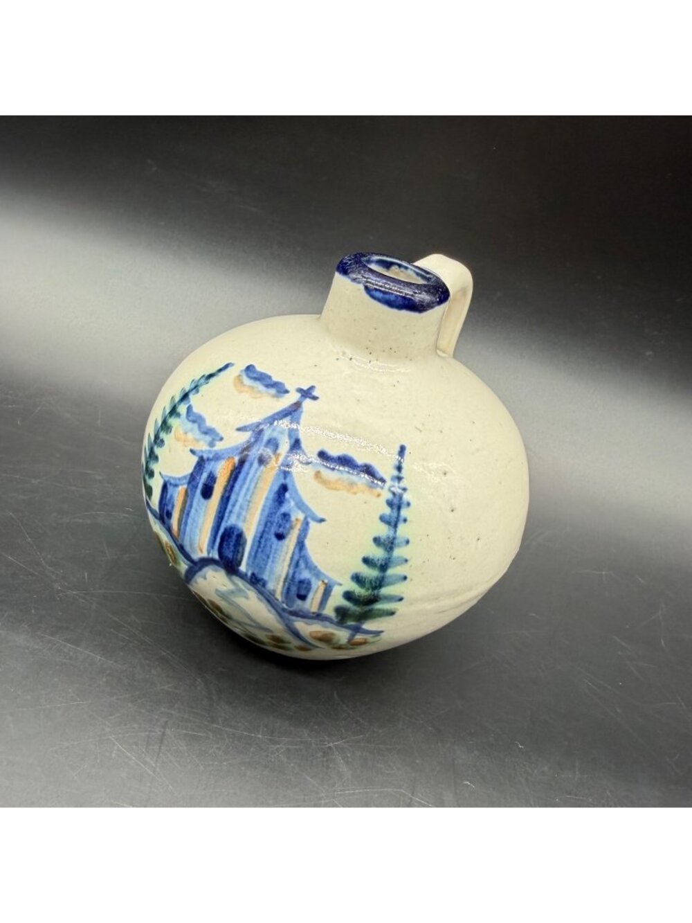 John B Taylor Hand Painted Pottery Jug Blue Church Mission Pines On Hill Vintage